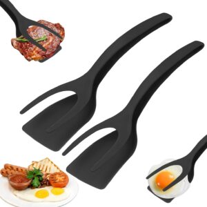2 in 1 Grip and Flip Spatula Tongs Egg Flipper Tong Pancake Fish French Toast Omelet Making for Home Kitchen Cooking Tool Black