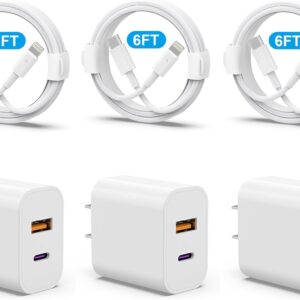 iPhone 14 13 Charger, USB C Charger [MFi Certified] 3Pack 20W PD USB C+QC3.0 USB A Dual Port Wall Charger with 6FT USB C to Lightning Cable Compatible with iPhone 14/13/12/Pro/Pro Max/XS/X/SE and More