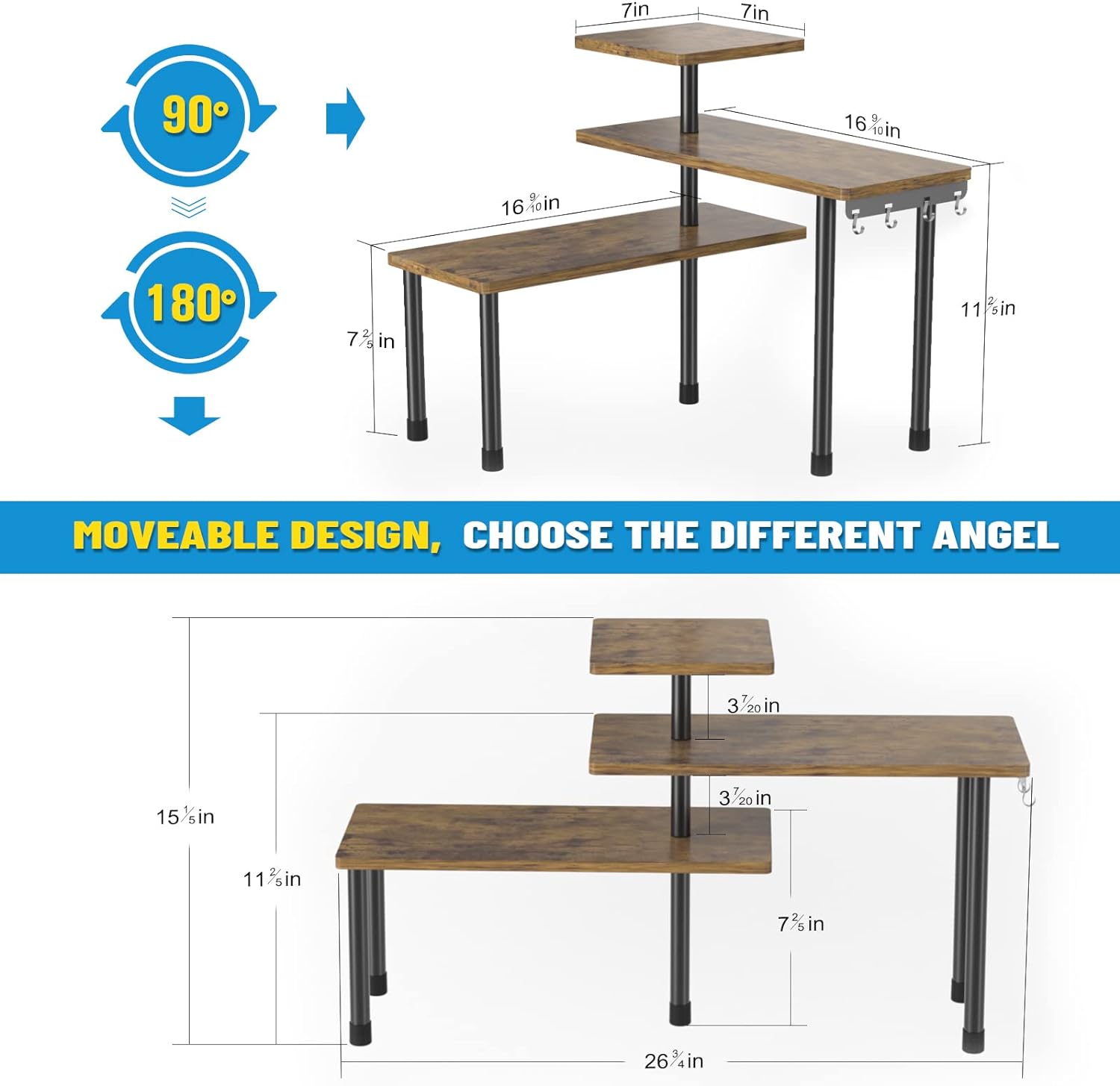 Countertop Organizer Organization, 3 Tier Moveable Corner Shelf for Kitchen , Bathroom , Spice Rack , Coffee Area, Over Sink, Dresser Table (Rustic Brown) - Image 2