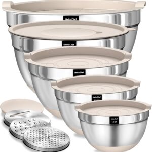 Umite Chef Mixing Bowls with Airtight Lids Set, 8PCS Stainless Steel Khaki Nesting Bowls with Grater Attachments, Kitchen Bowls with Non-Slip Bottoms, Size 5, 4, 3.5, 2, 1.5QT for Mixing & Serving