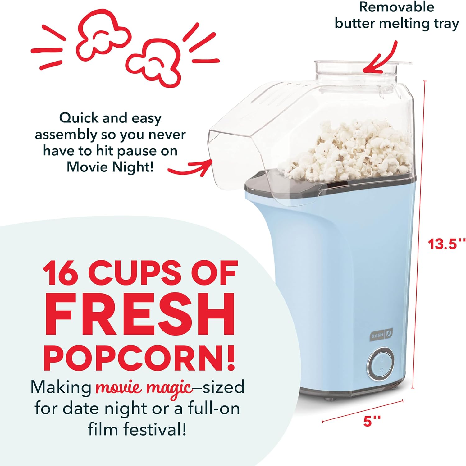 DASH Hot Air Popcorn Popper Maker with Measuring Cup to Portion Popping Corn Kernels + Melt Butter, 16 Cups - Dream Blue - Image 4