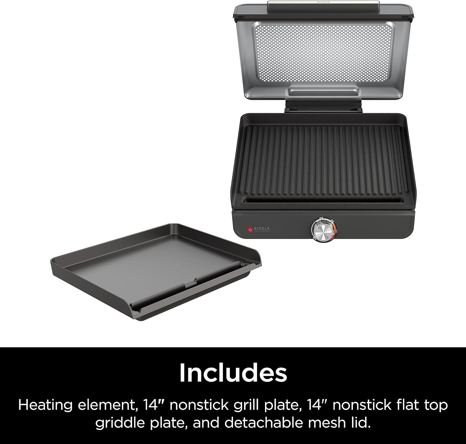 Ninja GR101 Sizzle Smokeless Indoor Grill & Griddle, 14'' Interchangeable Nonstick Plates, Dishwasher-Safe Removable Mesh Lid, 500F Max Heat, Even Edge-to-Edge Cooking, Grey/Silver - Image 9