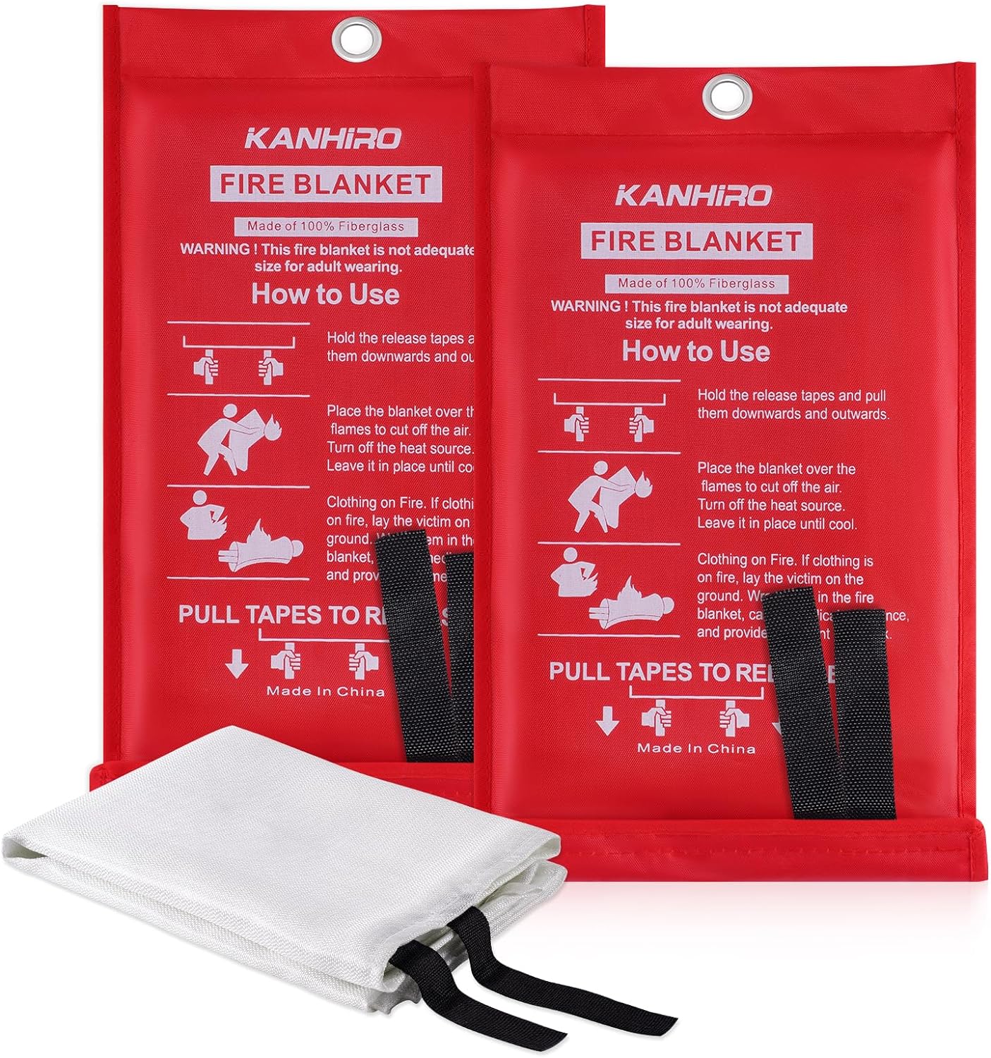 kanhiro Fire Blanket Emergency for Home Kitchen - Fiberglass Fire Suppression Blanket Great for School, Fireplace, Grill, Car, Office, Warehouse (2 Pack, 39 in X 39 in)