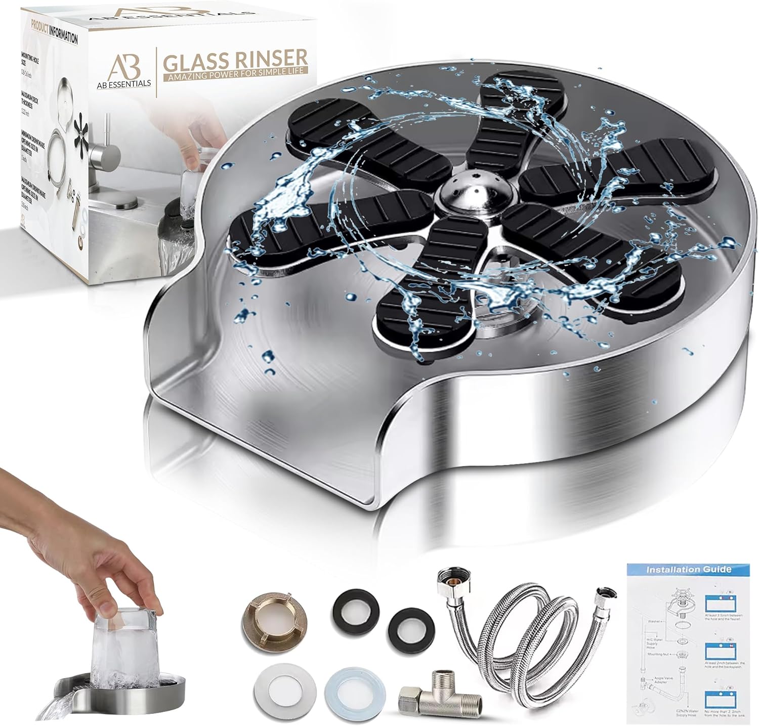 Professional Glass Rinser for Kitchen Sink, Stainless Steel Cup Washer for Sink - Bottle Washer Kitchen Accessories, Rust Resistant Pressure Glass Washer - Perfect for Home Kitchens, Bars, and Cafes