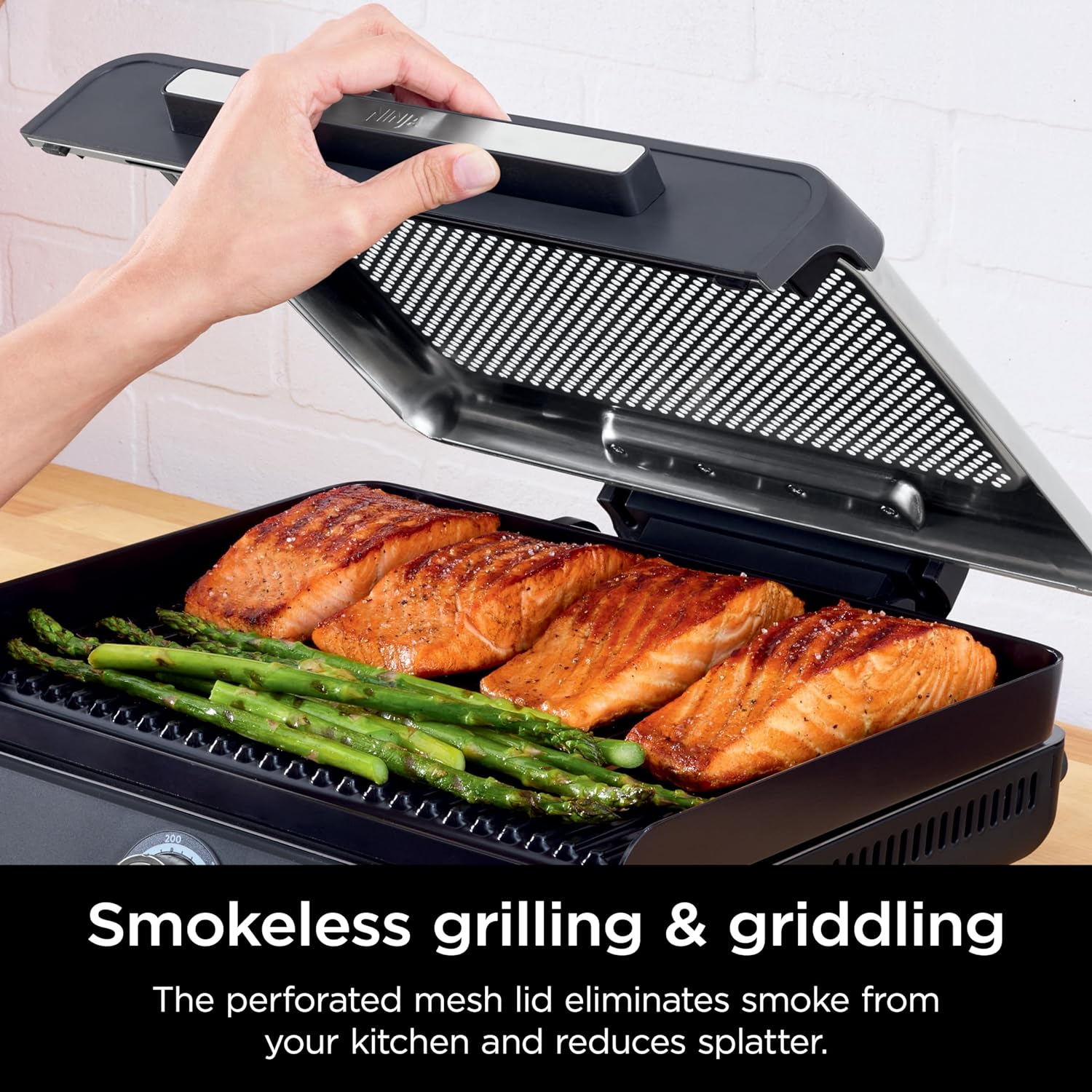 Ninja GR101 Sizzle Smokeless Indoor Grill & Griddle, 14'' Interchangeable Nonstick Plates, Dishwasher-Safe Removable Mesh Lid, 500F Max Heat, Even Edge-to-Edge Cooking, Grey/Silver - Image 4