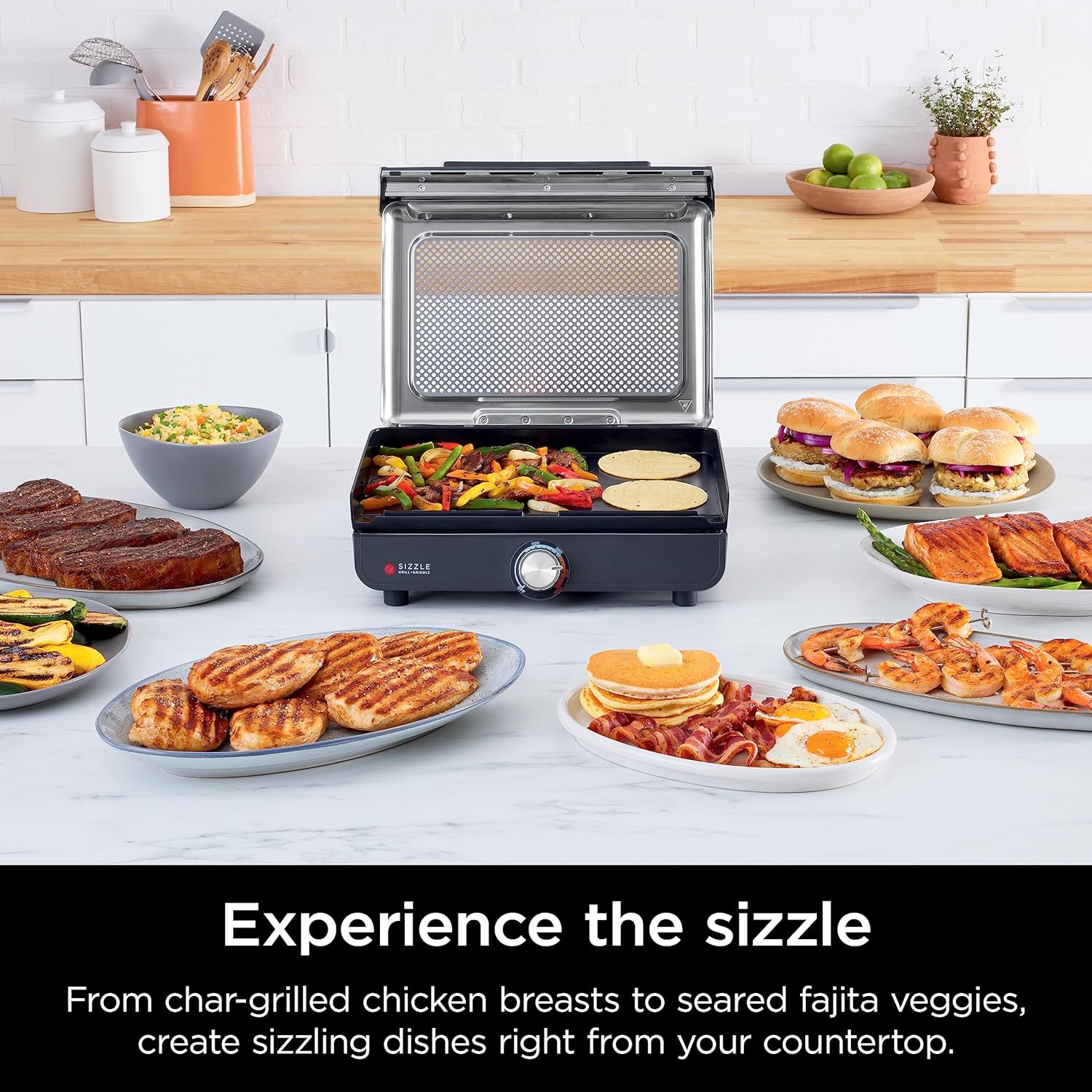 Ninja GR101 Sizzle Smokeless Indoor Grill & Griddle, 14'' Interchangeable Nonstick Plates, Dishwasher-Safe Removable Mesh Lid, 500F Max Heat, Even Edge-to-Edge Cooking, Grey/Silver - Image 2